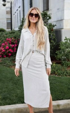 Set For Compliments Linen Striped Midi Skirt