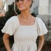 Sunny Day Strolls Natural Linen Smocked Peplum Blouse -Trendy Clothing Store 2P4A2276