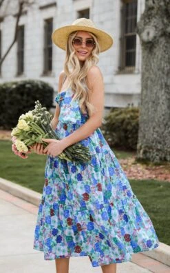 Favorite RSVP Blue Floral Tiered Midi Dress