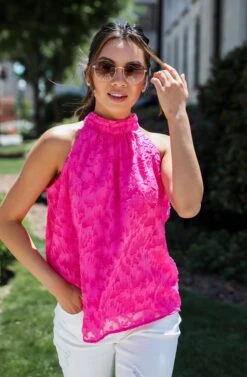 Love Story Hot Pink Textured Floral Sleeveless Blouse