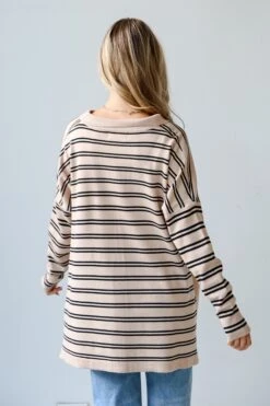 FINAL SALE - Cuddly Couture Taupe Striped Collared Knit Top -Trendy Clothing Store 6Y9A5928