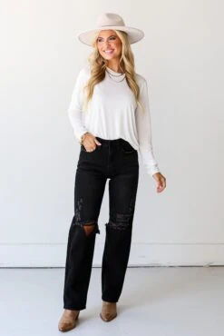 FINAL SALE - Extra Trendy Black Distressed Dad Jeans -Trendy Clothing Store shopdressup black distressed jeans