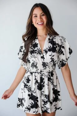 Adorably Elite Ivory Floral Romper -Trendy Clothing Store shopdressup black floral romper 7