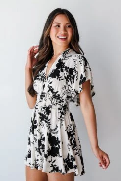 Adorably Elite Ivory Floral Romper -Trendy Clothing Store shopdressup black floral romper 8