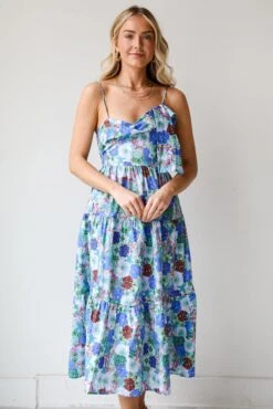 Favorite RSVP Blue Floral Tiered Midi Dress -Trendy Clothing Store shopdressup blue floral midi dress 2