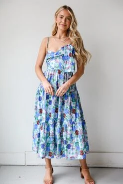 Favorite RSVP Blue Floral Tiered Midi Dress -Trendy Clothing Store shopdressup blue floral midi dress 4 4c3469c3 e3f3 4bca 8184 8840a80700b3