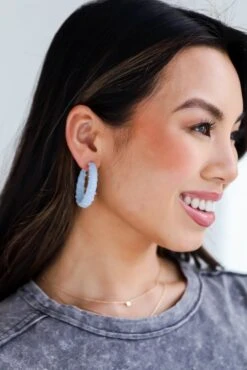 Blakely Light Blue Denim Hoop Earrings -Trendy Clothing Store shopdressup blue hoop earrings2