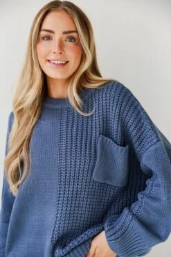 FINAL SALE - Toasty Vibes Denim Oversized Sweater -Trendy Clothing Store shopdressup blue knit sweater 6 16a14fdc 8983 43b0 98cb 709a7bf63532