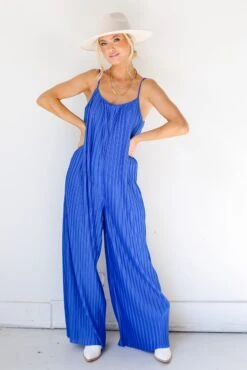 FINAL SALE - Fun Flirt Plisse Jumpsuit -Trendy Clothing Store shopdressup blue ribbed jumpsuit 2