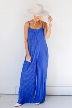 FINAL SALE - Fun Flirt Plisse Jumpsuit -Trendy Clothing Store shopdressup blue ribbed jumpsuit 3