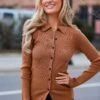 FINAL SALE - Tell You Everything Camel Ribbed Knit Button-Up Top -Trendy Clothing Store shopdressup camel ribbed top