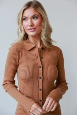 FINAL SALE - Tell You Everything Camel Ribbed Knit Button-Up Top -Trendy Clothing Store shopdressup camel ribbed top 6