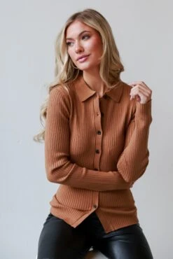 FINAL SALE - Tell You Everything Camel Ribbed Knit Button-Up Top -Trendy Clothing Store shopdressup camel ribbed top 9