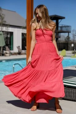 Getaway Mood Coral Strapless Tiered Maxi Dress - DU DEAL