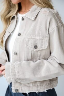 FINAL SALE - Definite Icon Taupe Distressed Cropped Denim Jacket -Trendy Clothing Store shopdressup cream cropped denim jacket 5