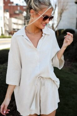 Summer Escapades Oatmeal Linen Blouse - DU DEAL