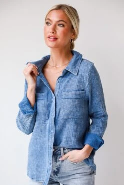 FINAL SALE - Morgan Denim Linen Button-Up Blouse - DU DEAL -Trendy Clothing Store shopdressup denim button up blouse