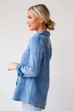 FINAL SALE - Morgan Denim Linen Button-Up Blouse - DU DEAL -Trendy Clothing Store shopdressup denim button up blouse 7