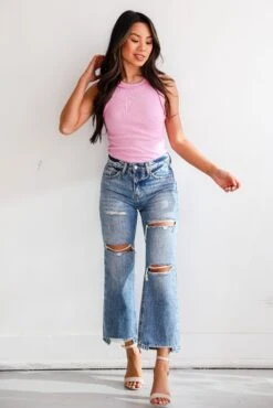 Khloe Medium Wash Distressed Straight Leg Jeans -Trendy Clothing Store shopdressup distressed denim jeans