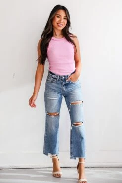 Khloe Medium Wash Distressed Straight Leg Jeans -Trendy Clothing Store shopdressup distressed denim jeans 3