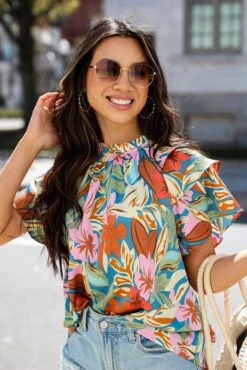 Paradise Is Calling Teal Floral Blouse
