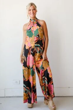 State Of Chic Black Satin Floral Jumpsuit -Trendy Clothing Store shopdressup floral satin jumpsuit 7