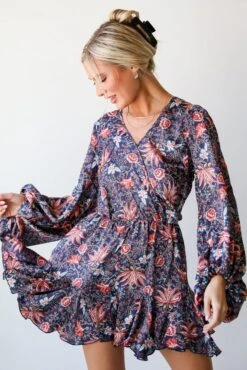 FINAL SALE - Feel The Romance Navy Satin Floral Romper -Trendy Clothing Store shopdressup floral satin romper 5