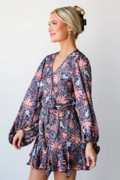 FINAL SALE - Feel The Romance Navy Satin Floral Romper -Trendy Clothing Store shopdressup floral satin romper 7