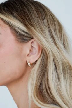 Brianna Gold Rhinestone Mini Hoop Earrings -Trendy Clothing Store shopdressup gold rhinestone hoop earrings 2