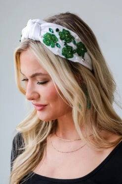 Lucky In Love White Beaded Four Leaf Clover Knotted Headband