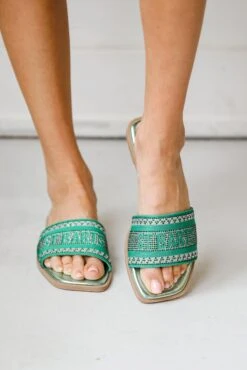 FINAL SALE - St. Barts Green Rhinestone Slide Sandals -Trendy Clothing Store shopdressup green st barts slide sandals1 2