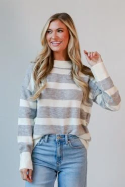 Hannah Heather Grey Striped Sweater - DOORBUSTER -Trendy Clothing Store shopdressup grey striped sweater1