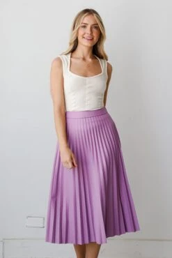 FINAL SALE - Trendy Ease Lavender Leather Pleated Midi Skirt -Trendy Clothing Store shopdressup lavender pleated midi skirt 5