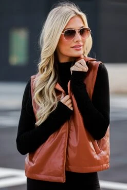 FINAL SALE - Coolest Demeanor Camel Leather Puffer Vest -Trendy Clothing Store shopdressup leather puffer vest 4