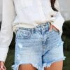 Avery Light Wash Distressed Denim Shorts -Trendy Clothing Store shopdressup light wash denim shorts 2
