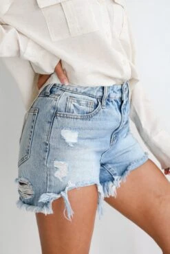 Avery Light Wash Distressed Denim Shorts -Trendy Clothing Store shopdressup light wash denim shorts 8