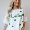 FINAL SALE - White Sequin "Lucky" Four Leaf Clover Tee -Trendy Clothing Store shopdressup lucky sequin tee