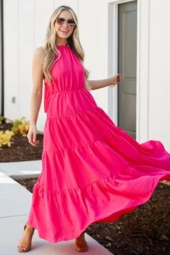 Sun-Sational Magenta Tiered Halter Maxi Dress
