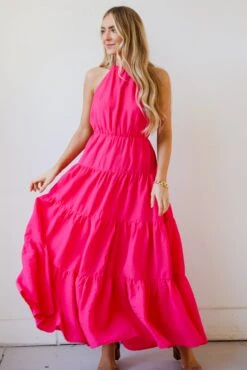 Sun-Sational Magenta Tiered Halter Maxi Dress -Trendy Clothing Store shopdressup magenta halter maxi dress 4