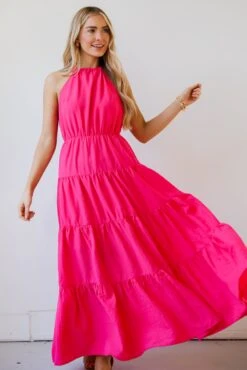 Sun-Sational Magenta Tiered Halter Maxi Dress -Trendy Clothing Store shopdressup magenta halter maxi dress 5