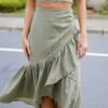 Social Favorite Olive Ruffle Midi Skirt -Trendy Clothing Store shopdressup olive ruffle midi skirt 6