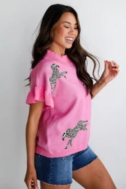 Wildly Sweet Pink Cheetah Sweater Top -Trendy Clothing Store shopdressup pink cheetah knit top 10