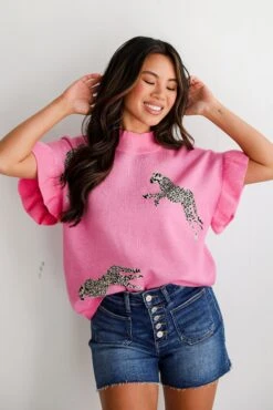 Wildly Sweet Pink Cheetah Sweater Top -Trendy Clothing Store shopdressup pink cheetah knit top 12