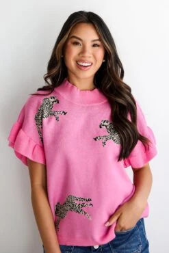 Wildly Sweet Pink Cheetah Sweater Top -Trendy Clothing Store shopdressup pink cheetah knit top 3