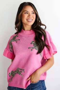 Wildly Sweet Pink Cheetah Sweater Top -Trendy Clothing Store shopdressup pink cheetah knit top 4