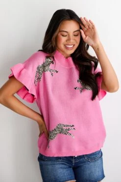 Wildly Sweet Pink Cheetah Sweater Top -Trendy Clothing Store shopdressup pink cheetah knit top 5