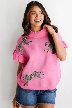 Wildly Sweet Pink Cheetah Sweater Top -Trendy Clothing Store shopdressup pink cheetah knit top 7