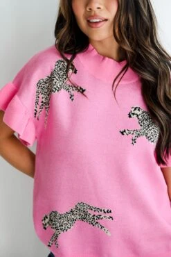 Wildly Sweet Pink Cheetah Sweater Top -Trendy Clothing Store shopdressup pink cheetah knit top 9