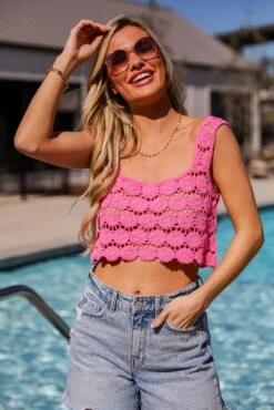 Sandy And Stunning Pink Crochet Knit Tank -Trendy Clothing Store shopdressup pink crochet tank 3