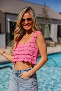 Sandy And Stunning Pink Crochet Knit Tank -Trendy Clothing Store shopdressup pink crochet tank 4